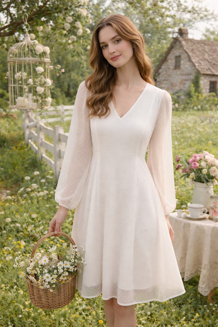 INC White Swiss Dot Dress XL Cottagecore Romantic Sheer Sleeve Tie Back Neckline